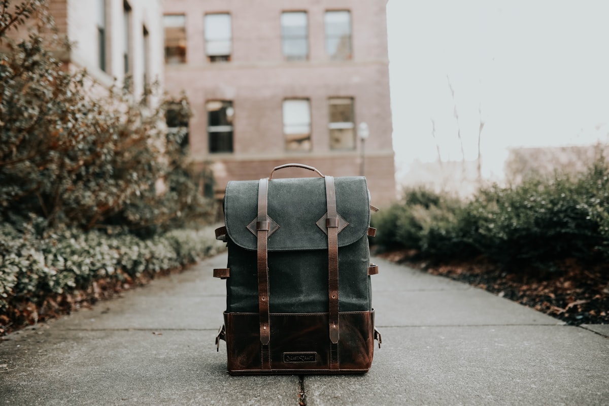 Charcoal canvas daypack with brown leather trim